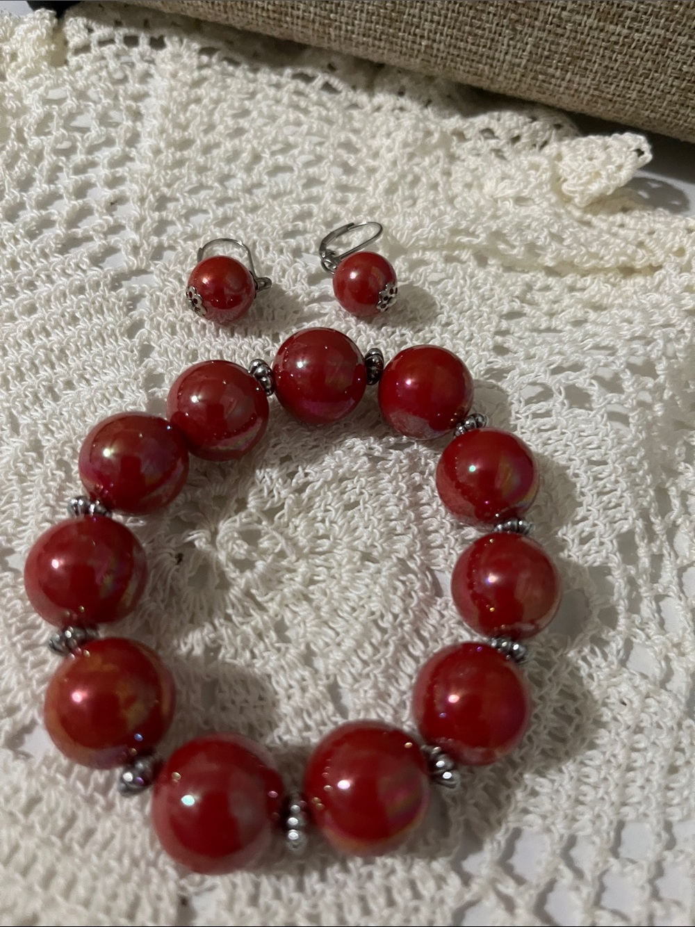 Red Beaded Bracelet and Earring Set - Classic Women Jewelry